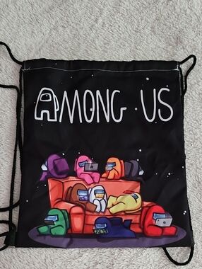 Among Us Black Drawstring Backpack with Colorful Crew Graphic